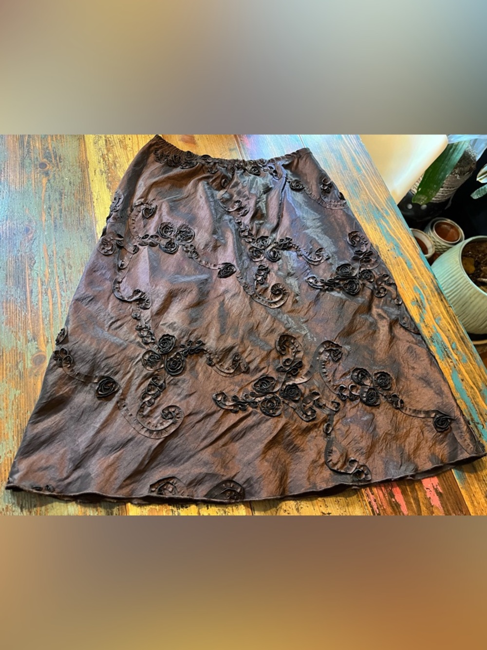 Elegant Dark Brown Midi Skirt with Rosette Appliqué
